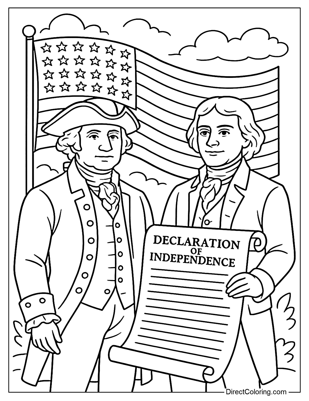 Coloring page George Washington and Thomas Jefferson standing next to the Declaration of Independence, with the American flag behind them.